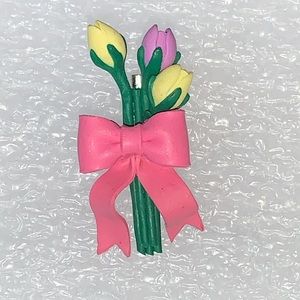 Yellow & Violet Tulips with Pink Bow Plastic Pin